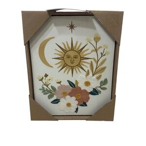 BP Home Woven Artistry Embroidered Celestial Sun Moon Floral Framed Wall Decor